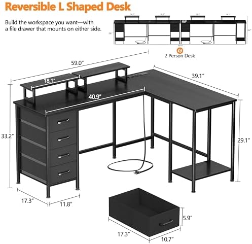 Korfile 59 inch L Shaped Computer Desk with Power Outlets, Black
