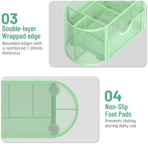Mesh Desk Organizer with Drawer, 9-Compartment Pen Holder for Desk, Green