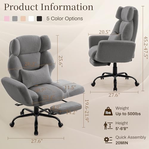 Office Chair with Flip Armrests,Comfy Criss Cross Chair for Pets Sitting,Big and Tall Office Chair with Foot Rest,Extra Wide Seat & Lumbar Pillow,Ergonomic Computer Gaming Chair,Teddy Fleece,Grey