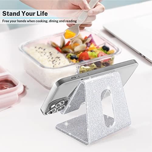 Crpich Acrylic Cell Phone Stand, Portable Phone Holder, Phone Stand for Desk, Compatible with Phone16 15 14 13 12 Pro Max Mini 11 Xr Plus SE, Switch, Android Smartphone, Pad, Tablet, Glitter Silver