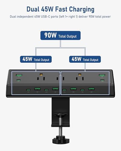 Jgstkcity 90W Desk Clamp Power Strip,12 USB Ports (6 PD 45W USB-C),Surge Protector,ETL Listed Power Hub Extension Cord,Fast Charging Station for Home Office Desk Edge Mount (Black,12 USB-90W)