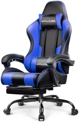 GTPLAYER Gaming Chair, Computer Chair with Footrest and Lumbar Support, Height Adjustable Game Chair with 360°-Swivel Seat and Headrest and for Office or Gaming (Faux Leather, Blue)