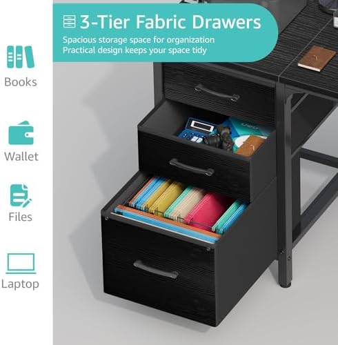 Lufeiya Computer Desk with Fabric File Drawers Cabinet, 55 Inch Reversible Home Office Desks with Filing Cabinet, Study Writing Table PC Desks with Storage for Bedroom, Black