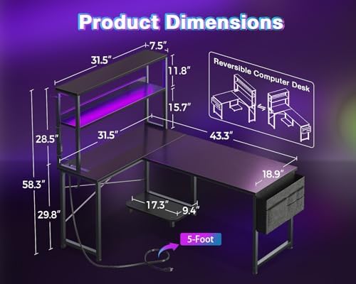 AODK L Shaped Desk Gaming Desk with LED Light & Power Outlet
