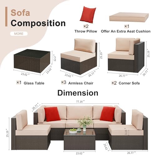 6 Pieces Patio Furniture Set Outdoor Couch Wicker Sectional Sofa, Beige