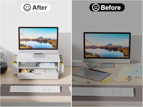 gianotter Desk Organizers and Accessories, Monitor Stand with Drawer and 2 Pen Holder, Desktop Organizer Suitable for Offices and Dormitories (Matte White)
