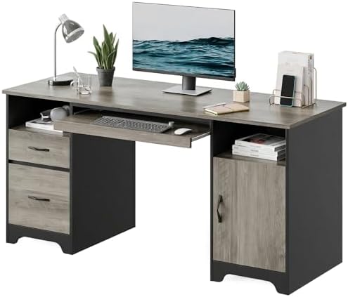 Bestier 59" Executive Desk, File Drawer, Keyboard Tray & 2 Drawers, Gray