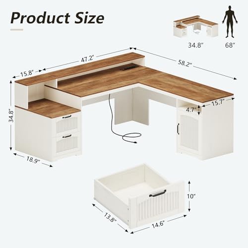 Farmhouse L Shaped Desk with Drawers & Printer Shelf for Home Office