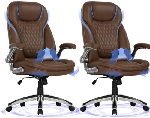 COLAMY High Back Executive Office Chairs Set of 2, Ergonomic PU Leather Desk Chairs with Flip-Up Armrests, Adjustable Height, Lumbar Support, Comfortable Computer Chairs for Home Office, Brown