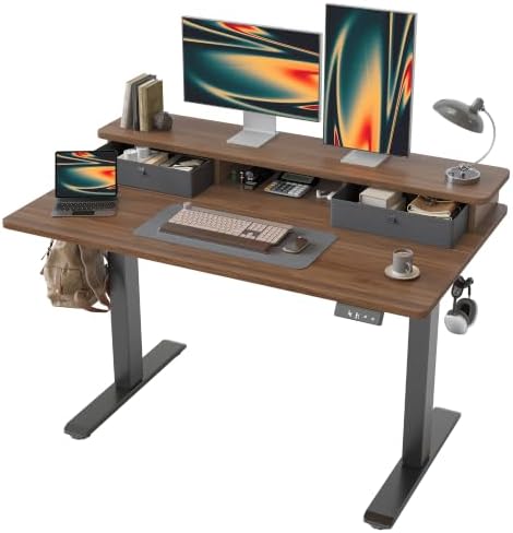 TIQLAB 48 * 24 inch Standing Desk with Two Drawers&Top Shelf, Black Walnut