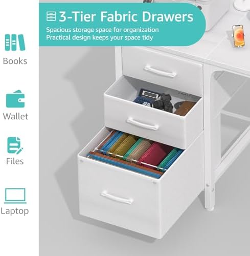 Lufeiya White Desk with File Drawers Cabinet, 47 Inch Reversible Computer Desk with Fabric Filing Cabinet for Bedroom Small Space Home Office, Modern Writing Table PC Desks, White