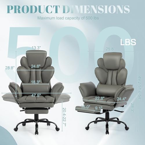 Flip Armrests Criss Cross Office Chair, Reclining Office Chair with Foot Rest, Adjustable Headrest, Massage Waist Pillow, Cross Legged Big and Tall Desk Chair Wide Seat Vanity Chair, Grey PU Leather