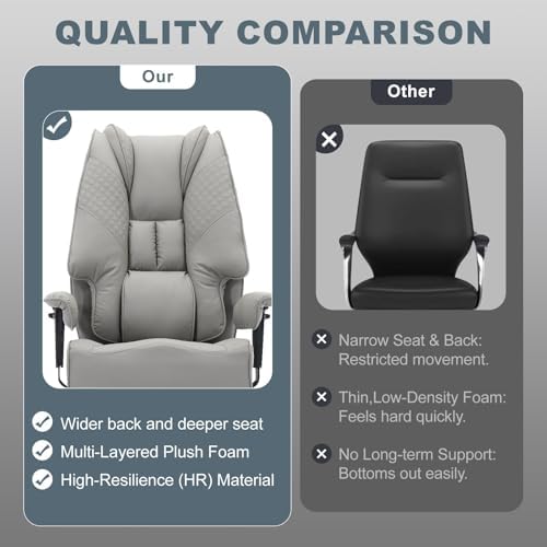 EXCEBET Big and Tall Office Chair 400lbs Wide Seat, Leather High Back Executive Office Chair with Foot Rest, Ergonomic Chairs Lumbar Support for Lower Back Pain Relief (Light Grey)