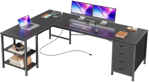 Huuger 55 Inch L Shaped Desk with Fabric Drawers, Reversible Computer Gaming Desk with Power Outlets and USB-C Port, Adjustable Side Storage Shelves, for Work Study Corner Home Office, Black