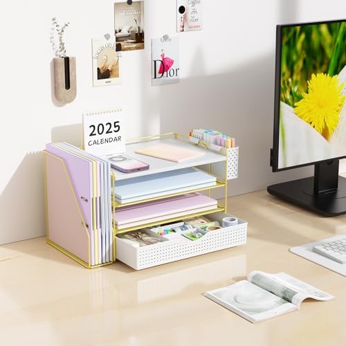 Wood Desk Organizers and Accessories with File Holder, 4-Tier Desk Accessories & Workspace Organizers with Drawer and Pen Holder, Desk Reference Organizer (Gold, 4T with Drawer)