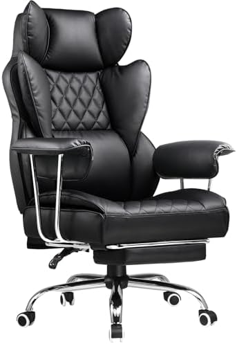 COMHOMA Big and Tall Office Chair, High Back Leather Gaming Chair with Footrest, Executive Ergonomic Office Chair with Pocket Spring Lumbar Support and with Outward Fixed Soft Armrests