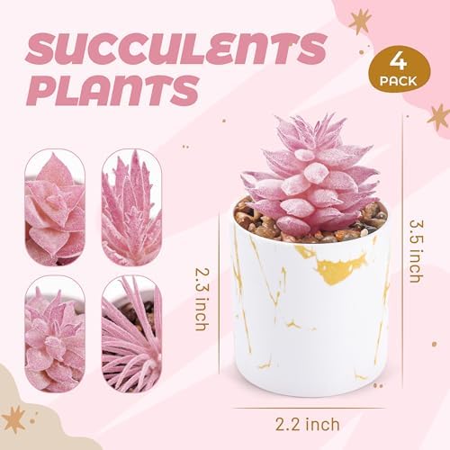 Der Rose 4 Pack Pink Fake Plants in Gold Accent Pots for Office Desk Decor