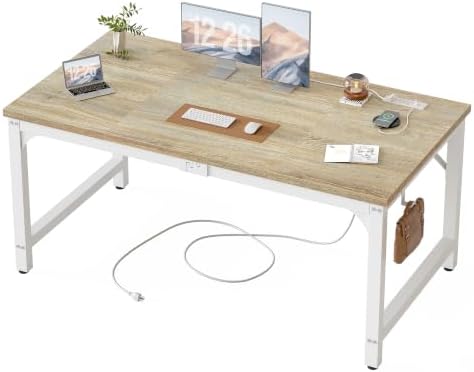 TIQLAB 55 x 30 Inch Extra-Deep Computer Desk with Power Outlets, Heavy-Duty Office Desk, Wide Gaming & Work Desk for Home Office, Maple