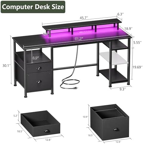 Furologee 61" Gaming Desk with Outlets & LED, Large Computer Desk, Black
