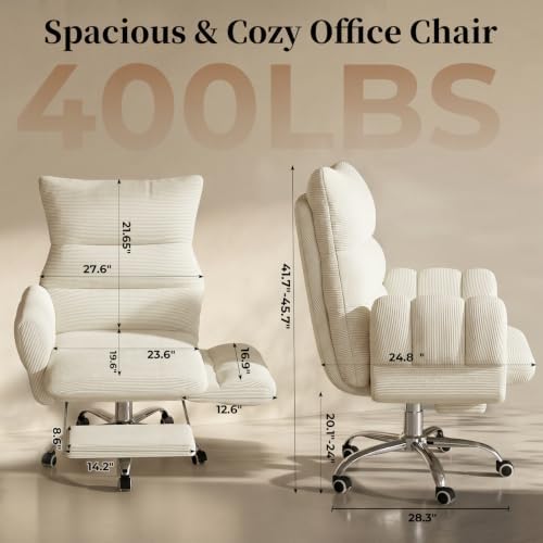 HOMRELEXA Cross Legged Office Chair, Cloud Desk Chair with Flip-Up Arm Rests, Foot Rest, Wide Seat, Comfy Executive Ergonomic Computer Gaming Chair, Beige