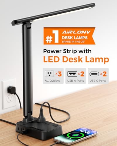 Airlonv LED Desk Lamp for Office Home, Power Strip with 3 Outlets 4 USB Charging Ports(2 USBC), 4 Modes 5 Level Brightness Desk Light, Small Desk Lamp for College Dorm Room Essentials