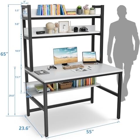Aquzee Desk with Shelves, Computer Desk with Hutch, 55"