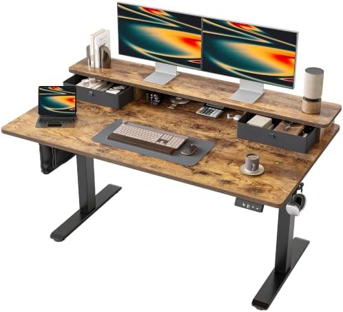 TIQLAB 55 * 28 inch Standing Desk with Two Drawers&Top Shelf, Rustic Brown