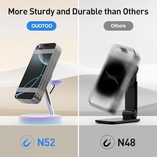 【Adjustable Blue Ambient Light】 Wireless Charger 3 in 1 for iPhone, Magnetic Charging Station for Apple Family,15W Fast MagSafe Charger Stand,for iPhone17-12-iWatch AirPods Series