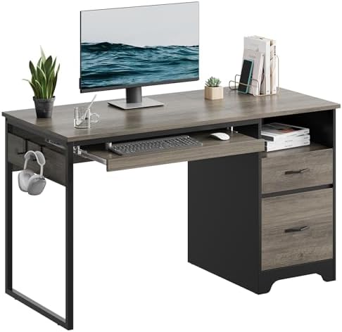 Bestier 48” Computer Desk with Drawers, Office Desk with Storage, Industrial Wood Writing Desk with File Drawer, Keyboard Tray & 2 Hooks for Home Office & Studio, Gray