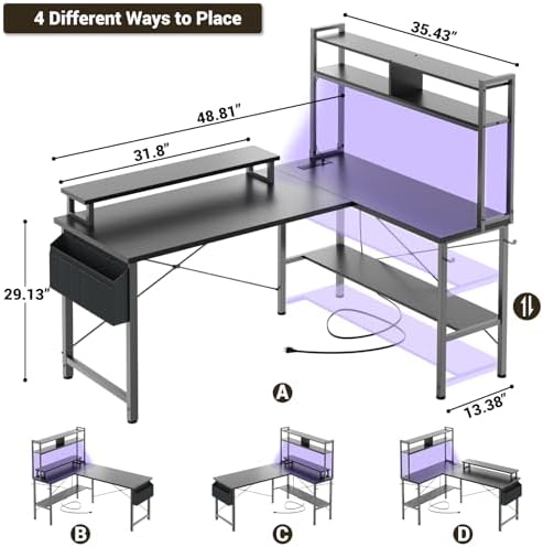 Aheaplus L Shaped Gaming Desk with Power Outlets & LED Lights, Black