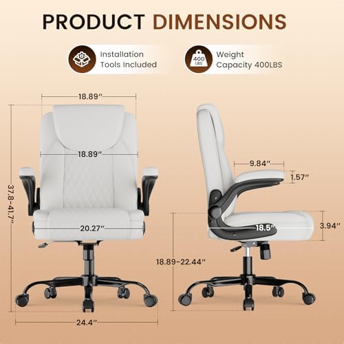 GTPLAYER PU Leather Office Chair, Home Desk Chair with Flip-up Arms, White