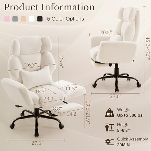 Office Chair with Flip Armrests,Big and Tall Office Chair with Foot Rest,Extra Wide Seat & Lumbar Pillow,Ergonomic Computer Gaming Chair,Comfy Criss Cross Chair for Pets Sitting,Teddy Fleece,White