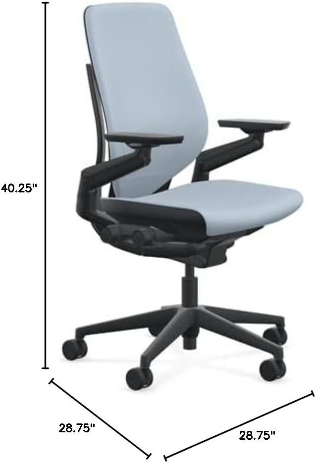 Steelcase Gesture Office Chair - Era Blue Nickel Fabric, Low Seat Height, Shell Back, Black on Black Frame, Lumbar Support, and Hard Floor Casters