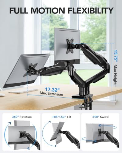 HUANUO FlowLift™ Dual Monitor Stand, Fully Adjustable Gaming Monitor Desk Mount for 13–32″ Computer Screens, Full Motion VESA 75x75/100x100 with C-Clamp & Grommet Base, Each Arm Holds 4.4 to 19.8 lbs