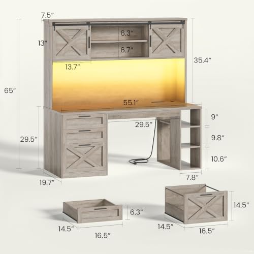 SEDETA 55.1" Farmhouse Desk with Hutch & 3 Storage Drawers