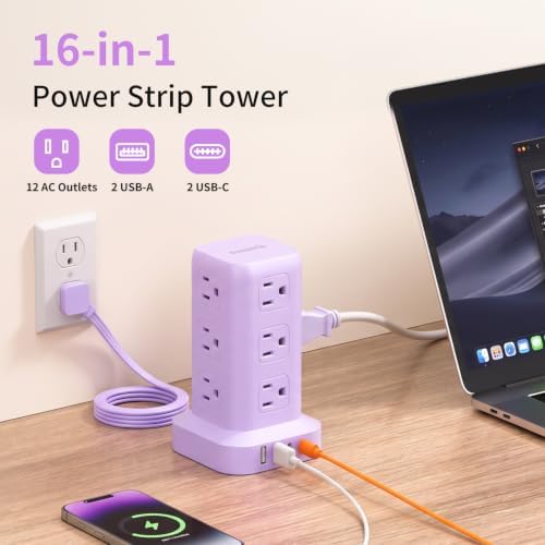 Extension Cord with Multiple Outlets, SMALLRT Power Strip Tower, Outlet Extender with 12 AC Outlets 4 USB, 6.5FT Extension Cord for Home Dorm Room, Office Supplies, Purple