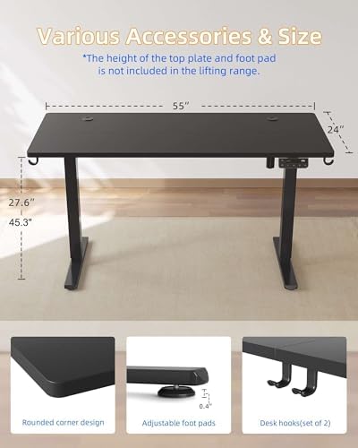 YIHAYO Electric Standing Desk, 55 x 24 Inches Stand Up Desk with Splice Board, Adjustable Height Desk, Computer Desk for Home Office, Black Frame/Black Top