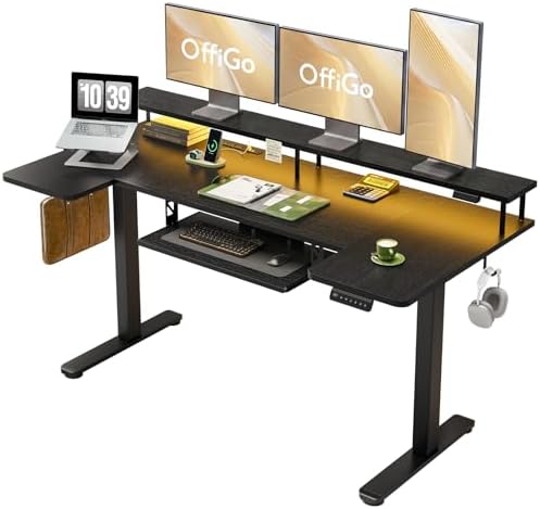 OffiGo 63 Inch U Shaped Electric Standing Desk with Keyboard Tray, Black