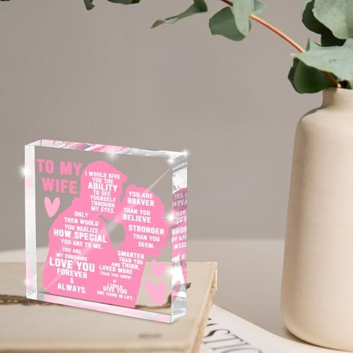 To My Wife Gift from Husband, Heartfelt Romantic Love Plaque, Anniversary and Valentine's Day Gift for Wife, Wedding Keepsake for Birthday, Christmas, Pink Acrylic Desk Decor, Valentine's Day decorations