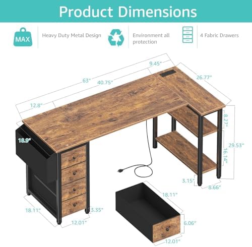 Lufeiya L Shaped Computer Desk with Drawers & Storage Shelves, 63 Inch Corner Desk with Power Outlet for Home Office Bedroom, L-Shaped Teen PC Gaming Desks with Fabric Drawer, Rustic Brown