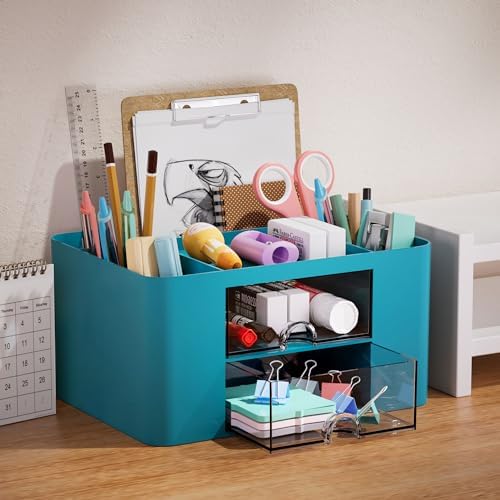 Marbrasse Pen Organizer with 2 Drawer, Multi-Functional Pencil Holder for Desk, Desk Organizers and Accessories with 5 Compartments + Drawer for Office Art Supplies (Dark Green)