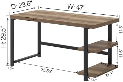 FOLUBAN Computer Desk, Wood and Metal Home Office Desk with Storage Shelves, Small Study Writing Table Workstation for Bedroom Living Room, Rustic Oak, 47 Inch
