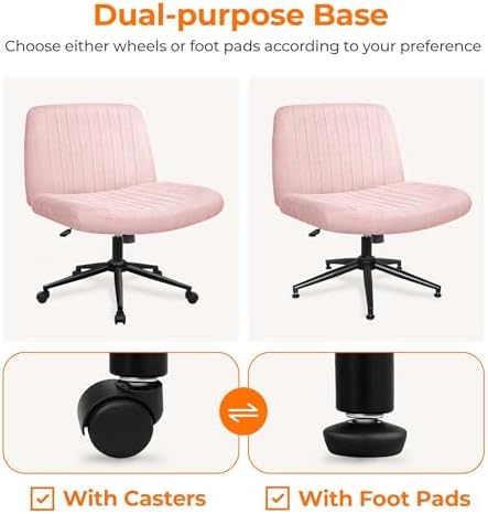 NEO CHAIR Criss Cross Chair with Wheels Armless Cross Legged Office Desk Wide Comfy Vanity Makeup Chair Adjustable Swivel Rolling Computer for Home Office Fabric (Pink)