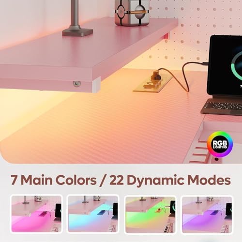 Bestier 42-Inch Pink L-Shaped Gaming Desk with Charging & LED