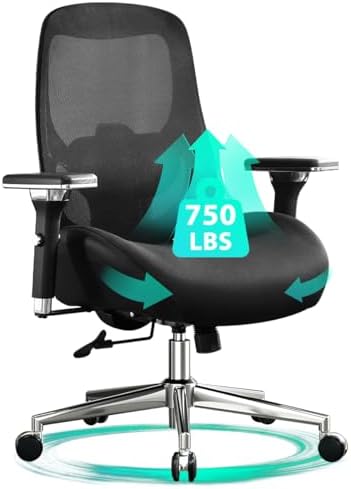 750lbs Big and Tall Office Chair with Wide Thick Seat Cushion for Heavy People Ergonomic Computer Mesh Desk Chairs with 4D Armrests, Adjustable Lumbar Support for Adults 8 Hours daliy Work