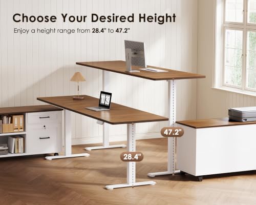OffiGo 71" L Shaped Electric Standing Desk with Cabinet Sets, Walnut/White