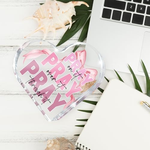 Pink Desk Decor, Bow Acrylic Heart Sign Decor Bathroom Bedroom, Christian Gift for Coworkers, Friends and Family, 4 Inch