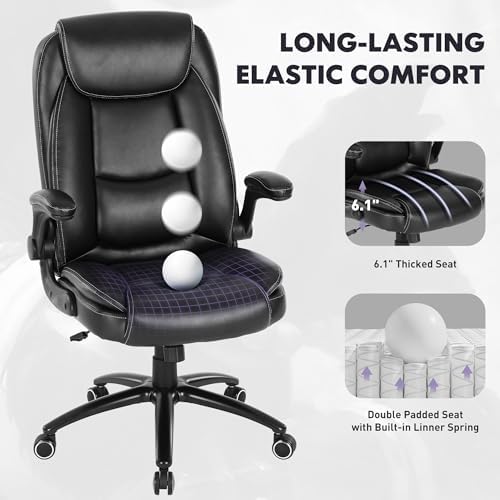 300lbs Capacity Executive Desk Chair with Ergonomic Lumbar Support, Flip-up Arms & High Back Leather Computer Chair for Home/Office, Black