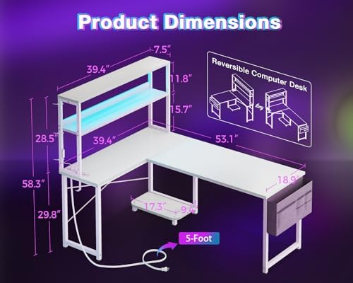 AODK L Shaped Desk Gaming Desk with LED Light & Power Outlet