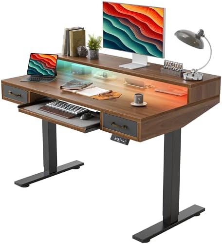 TIQLAB Standing Desk with Two Drawers, Stand Up Standing Desk Adjustable Height, Electric Sit Stand Table with Storage Shelf and Splice Board, with LED Light, 47 * 28 inch, Black Walnut
